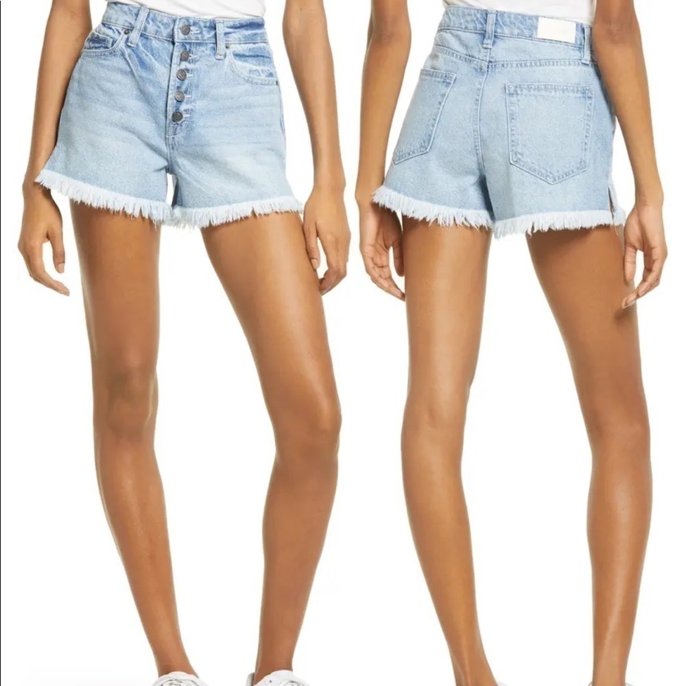 HIDDEN Button Fly High Waist Frayed Hem Denim Shorts